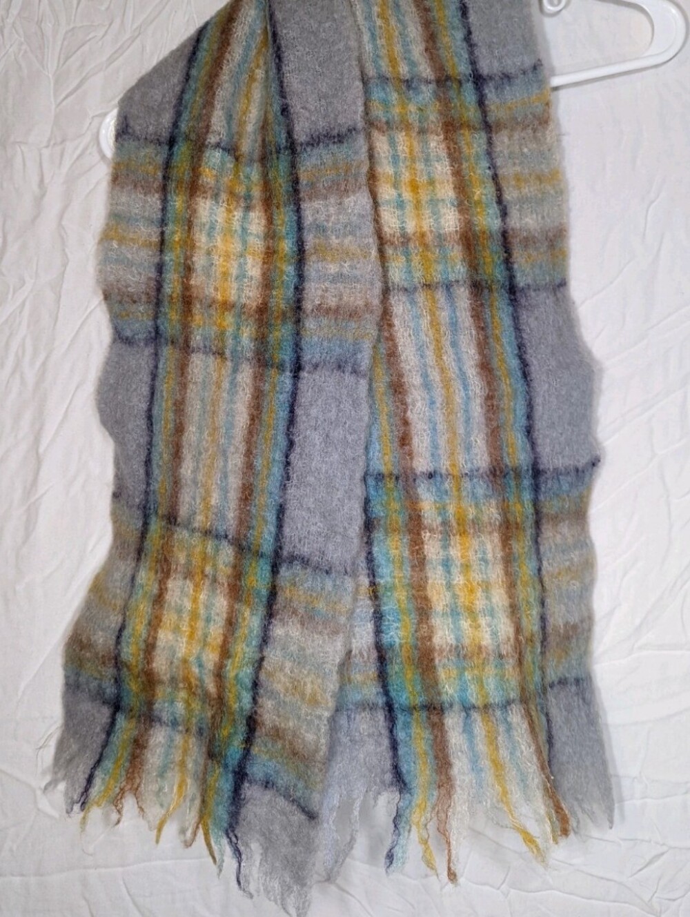 Vintage Gray Plaid Scarf 1950s 1960s Short Fringe Wool Blend 50s 60s VTG Grey